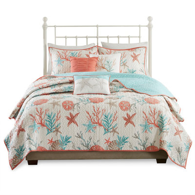 6 Piece Cotton Sateen Quilt Set with Throw Pillows Coral Full/Queen