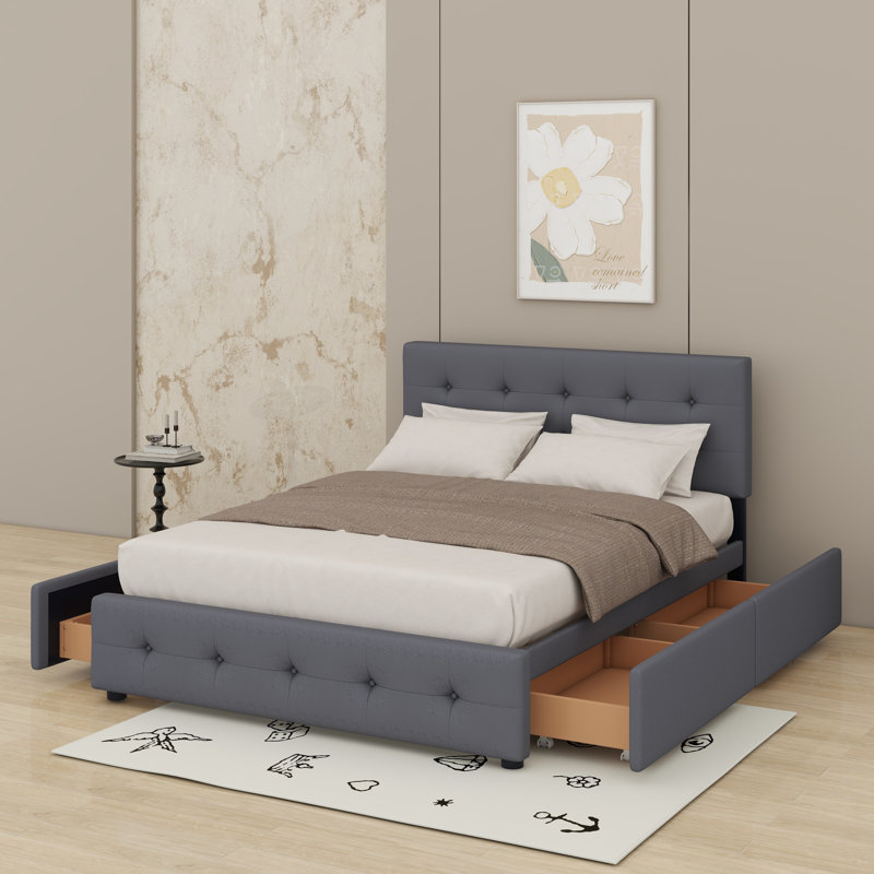 Grand lit plateforme tapissier avec tête de lit classique et tiroirs, Gris foncé