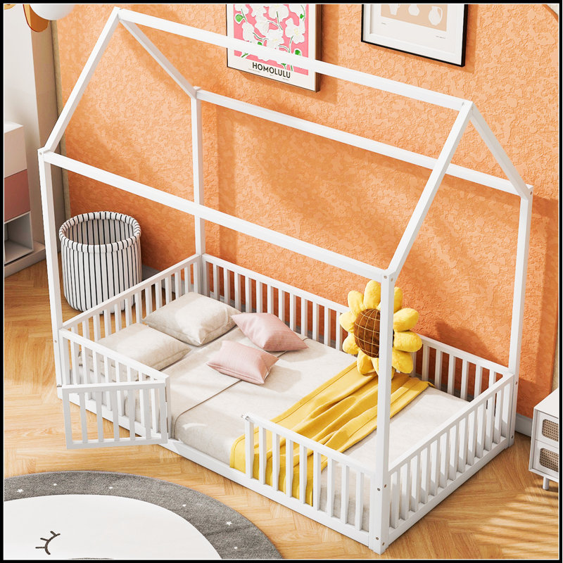 Lit robuste en métal avec clôture et porte, parfait pour l'imagination des enfants et un sommeil confortable, Lit simple