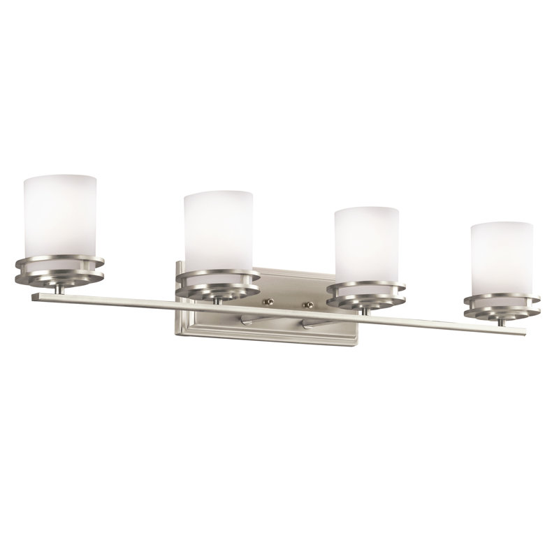 Brushed Nickel 4-Light Modern Bathroom Vanity with White Glass Shades