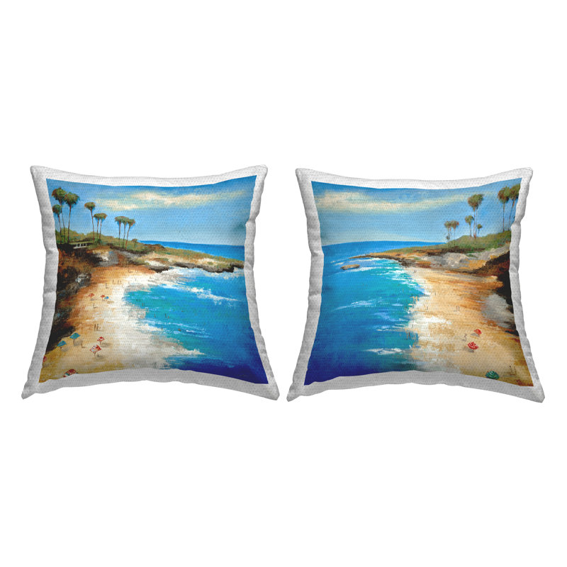 Tropical Beach Landscape Blue Square Outdoor Throw Pillow Set