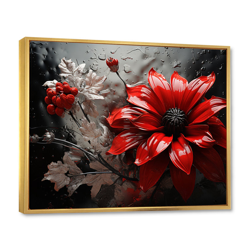 «Red Grey Botanical Symphony II», art mural botanique abstrait, H 16 po x l 32 po x P 1 po, Cadre flottant doré