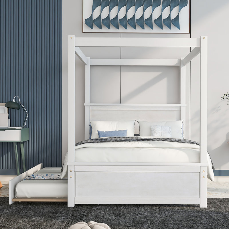 Wood Canopy Bed With Trundle Bed ,Size Canopy Platform Bed With Support Slats .No Box Spring Needed, Brushed