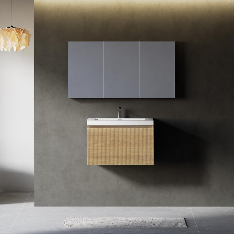 Meuble-lavabo mural avec lavabo à surface solide, Bois de chêne naturel, 24"