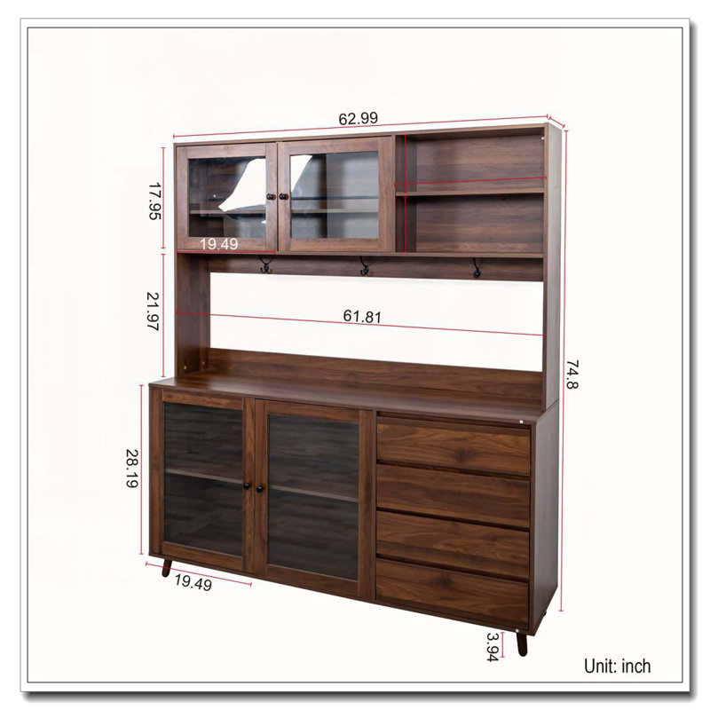 63" W Large Kitchen Hutch Cabinet with 4 Doors, 4 Drawers & Microwave Shelf