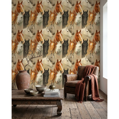 Papier peint équestre, chevaux aquarelle, décoration murale amovible