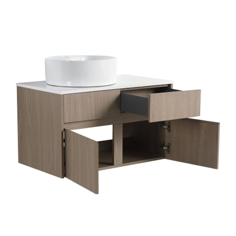 Meuble-lavabo mural 32 po avec lavabo en céramique et panneau plat en PVC, 2 portes à fermeture douce et 1 tiroir, panneau de particules