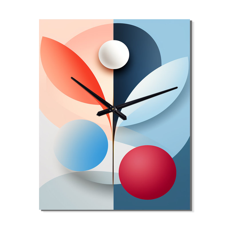 Horloge murale abstraite botanique minimaliste rétro bleu et rouge - Abstract Botanicals, H 32 po x l 24 po x P 1 po