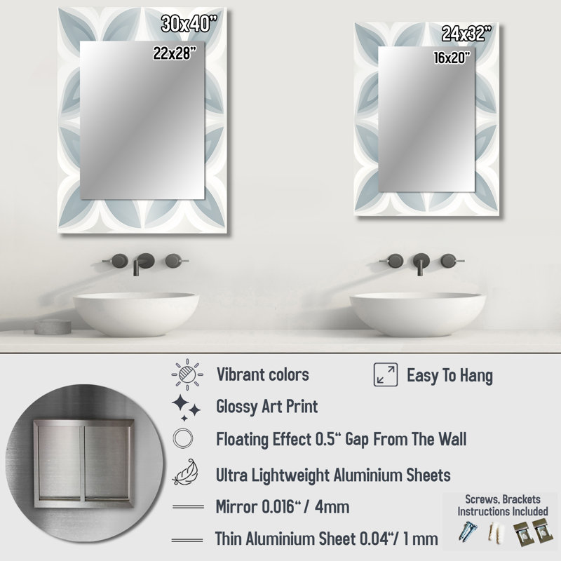 Doux monochrome - grand miroir damassé, décor de miroir mural unique en damas, impression sur métal, 40 po x 30 po