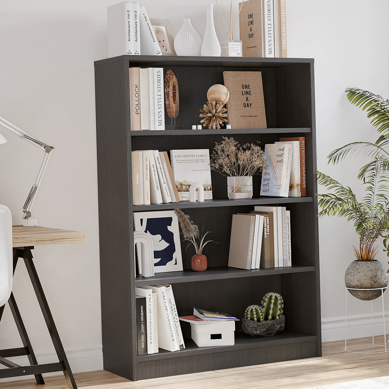 Bibliothèque grise pour bibliothèque de bureau à 4 tablettes de 48 pouces de hauteur et bibliothèque moderne en bois pour salon à 4 niveaux