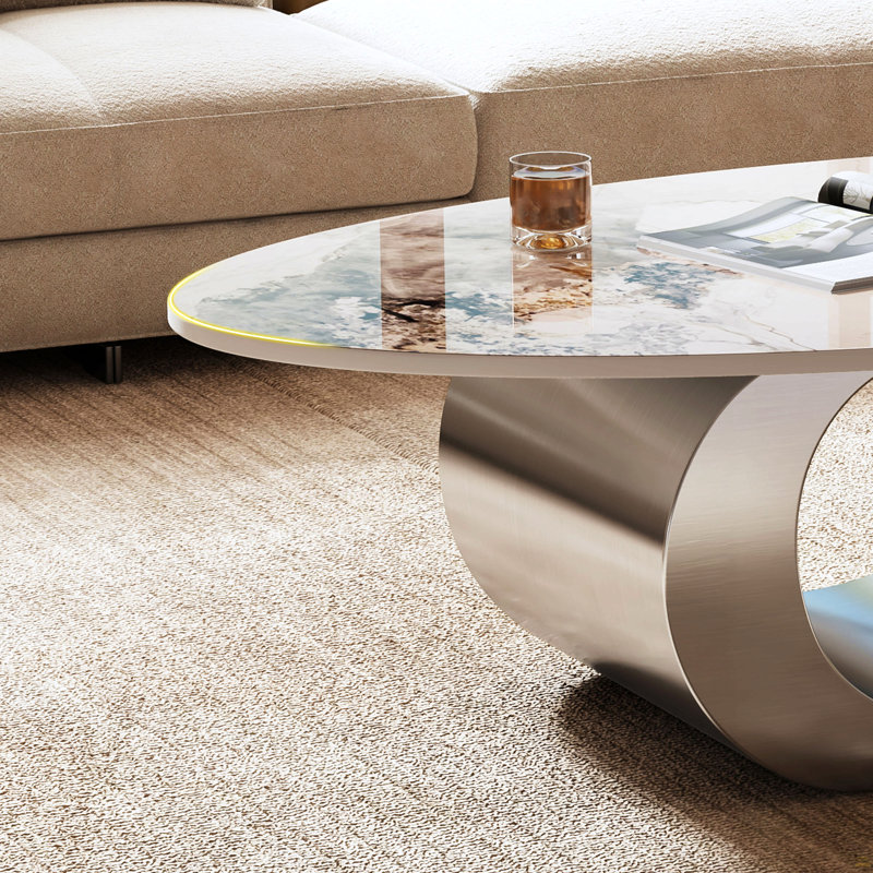 Table basse ovale en faux marbre 49,2 po, base en acier inoxydable, table centrale, Gris