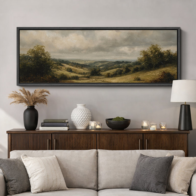 «Rolling Countryside Landscape», impression sur toile encadrée pour décor rustique traditionnel, H 20 po x l 60 po, Noir