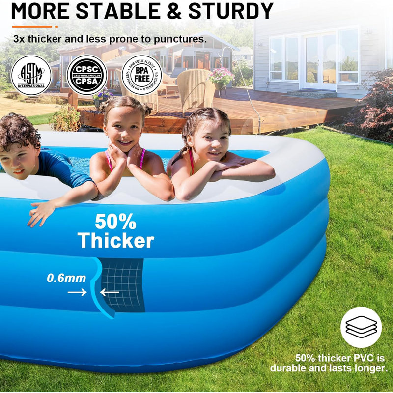 Large Blue PVC Rectangular Inflatable Pool with Pump