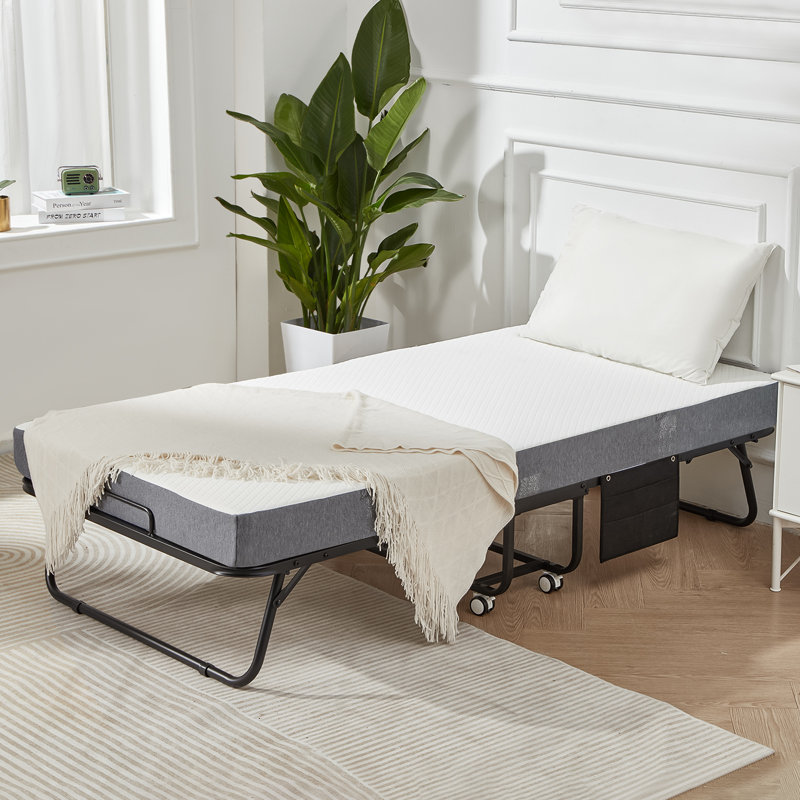 75" x 38" Folding Rollaway Bed with Mattress - Twin Size Portable Guest Bed for Adults, 5" Foam Mattress, Space-Saving Design with Metal Frame and Side Pocket
