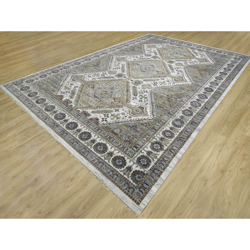 Tapis oriental ivoire noué à la main avec rosettes 26B51C51630C473CBBD6D95485D0AD3D, Rectangle 12 pi x 17 pi 10 po