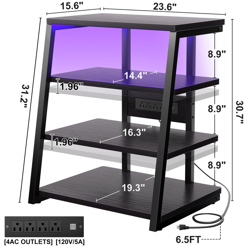 4-Tier AV Media Stand with Power Strips, Black Ebony