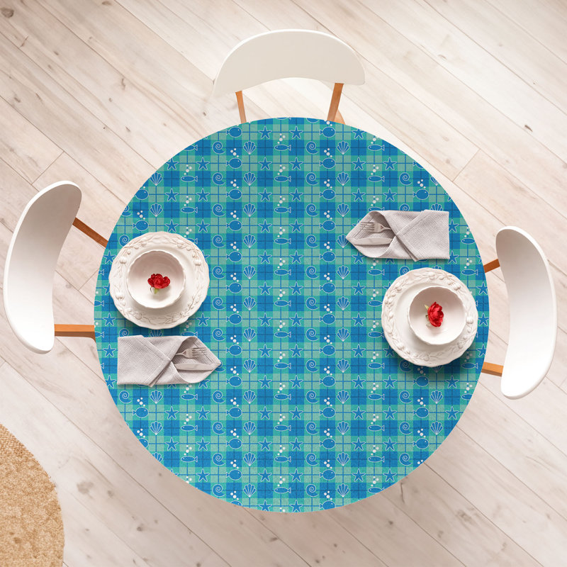 Gracie Oaks Sea Shells Fitted Round Tablecloth Diameter Mint Green Blue White, 64.17" Round