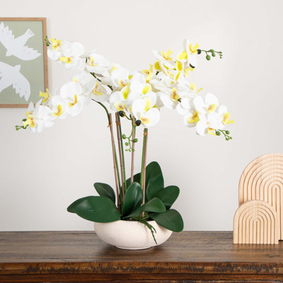 23 po Arrangement artificiel orchidée phalaenopsis en pot de céramique blanche (Real Touch)