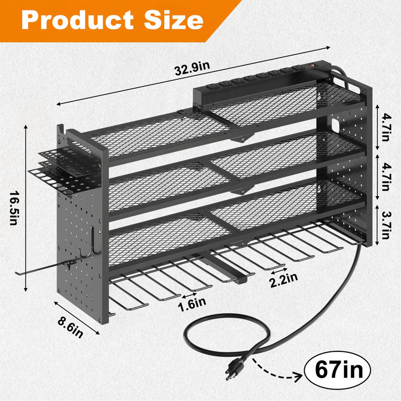 Range-outils mural modulaire 33 po avec support de perceuse avec crochets et support à 8 prises