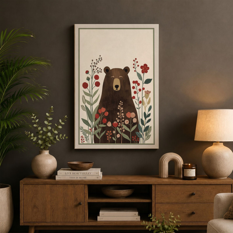 Bear Among Wildflowers Boho - Wrapped Canvas, 18x12 - 45.7 x 30.5 cm, Ochre Border