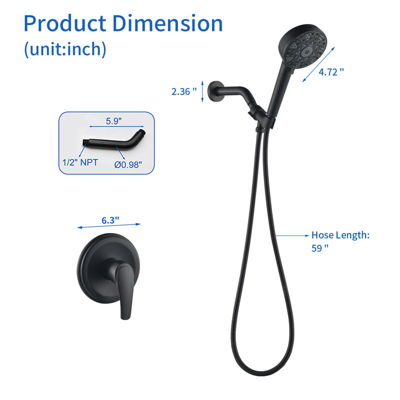 Ensemble de robinet de douche avec système de douche à main 7 fonctions et ensemble de garniture de douche, Noir mat