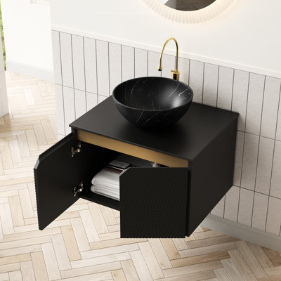 Ensemble de meuble-lavabo et lavabo flottant 24 po, comptoir en pierre frittée noire, vasque en céramique bol, portes doubles en sergé avec garniture en métal, amortisseur à fermeture en douceur, excellent meuble-lavabo résistant aux égratignures, lavabo