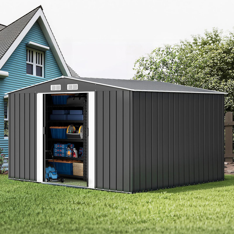 Outdoor Garden Storage Shed, Heavy-Duty Steel Tool Shed with Sliding Doors, Vent Filter, Reinforced Frame & Sloped Drainage Roof