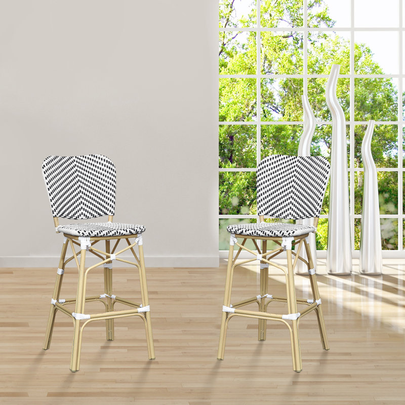 Anjanette Aluminum Outdoor Patio Bar Chair, Black/White