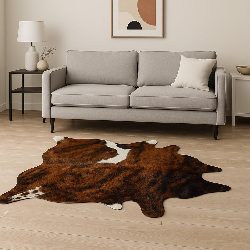 Tapis en cuir de vache brun et noir 6 pi x 7 pi