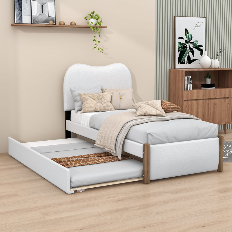 Lit plateforme tapissier en bois avec tête de lit simple et lit gigogne Jasontyler, Blanc