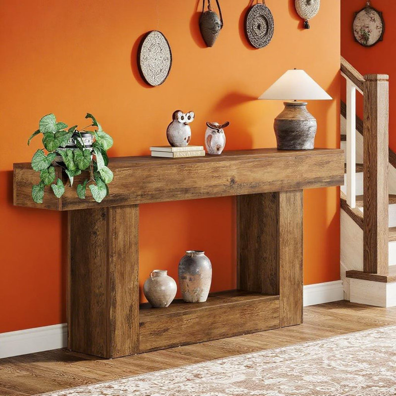 Console deux tons rustique - plateau à grain brun et base en forme de U gris pour le charme d'une maison de campagne
