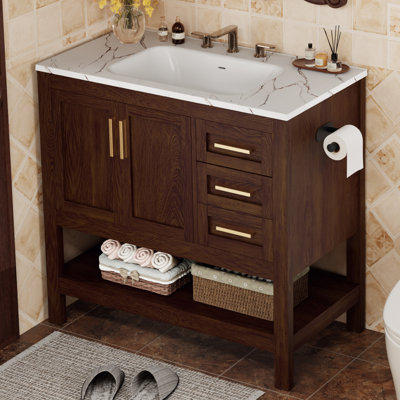 36 Inch Freestanding Bathroom Vanity with Sink,Farmhouse Bathroom Storage Cabinet with 2 Drawers & Open Shelf, Paper Towel Holder,Rustic Storage for Master or Family Bathroom, Walnut