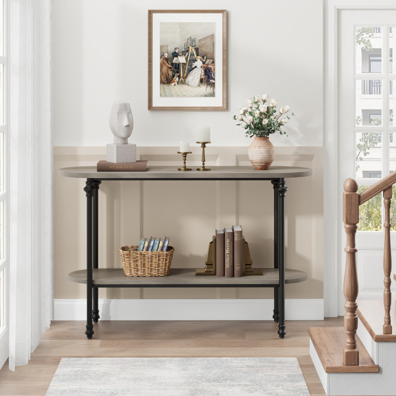 Table d'entrée, console longue de 43,3 po avec rangement, console en bois à 2 niveaux