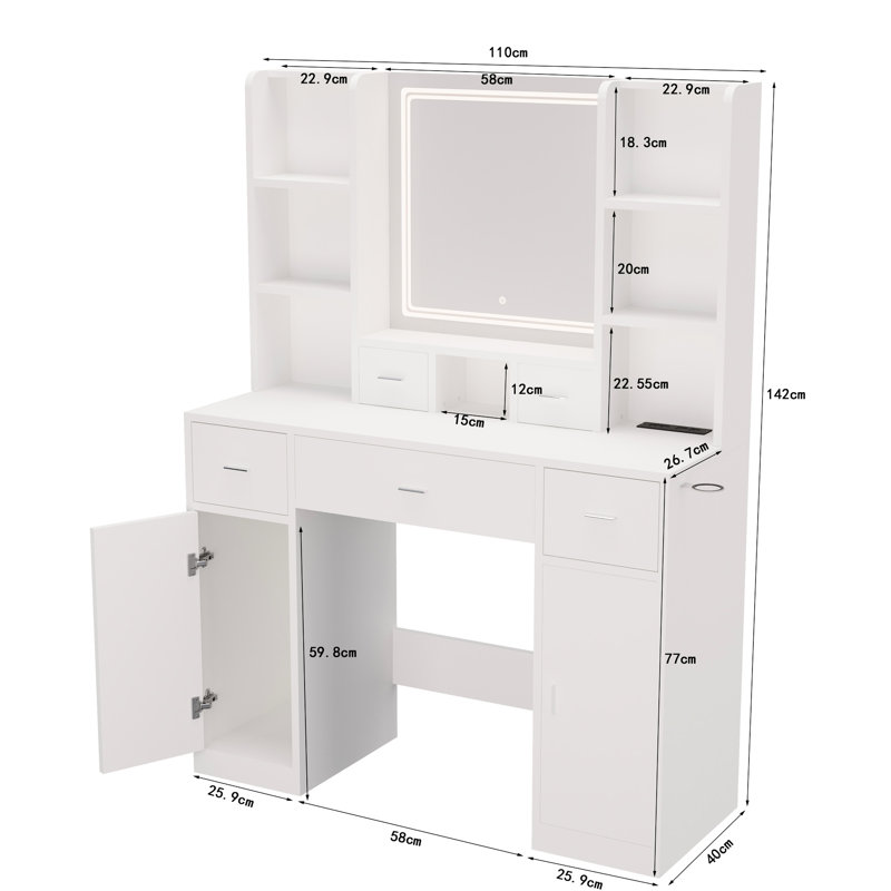Meuble-lavabo de chambre à coucher avec miroir à DEL et grand espace de rangement: coiffeuse blanche à 5 tiroirs, 2 armoires réglables, prises de courant style américain - armoires à tiroirs à utiliser