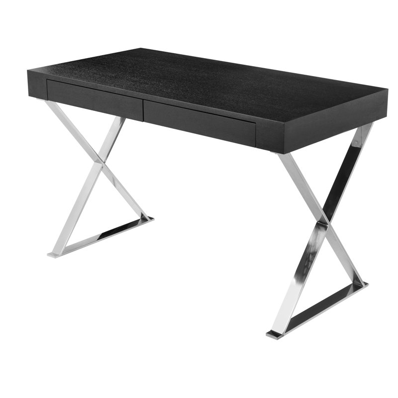 Alexa Contemporary Black Wood top Writing Desk with Polished Steel/Metal X-Base and 2 Storage Drawers, Black/Silver