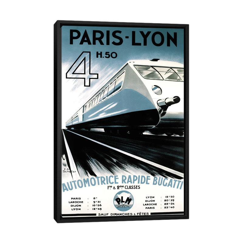 « paris-lyon train », affiche rétro sur toile, H 26 po x l 18 po x P 1,5 po, Toile avec cadre noir, Pas de tapis