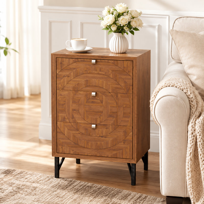 19"W Walnut Concentric Circle Geometric 3-Drawer Nightstand