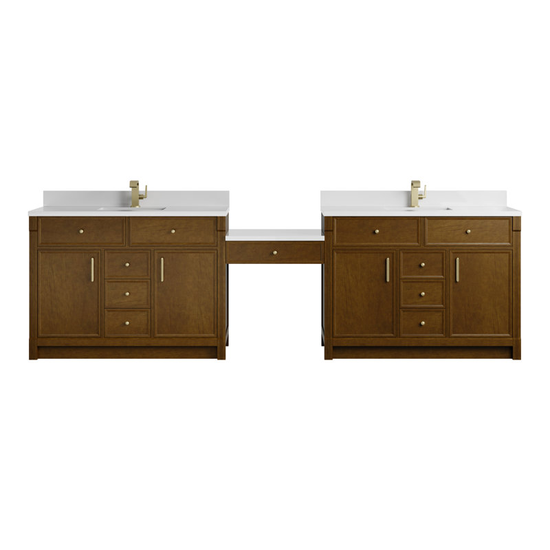 Bellshire 120" W Dual Vanity Set with 24" Make-Up Counter, Honey Oak, Single Faucet, White Zeus