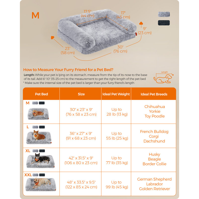 Fluffy Large Dog Bed, L Orthopedic Dog Sofa Bed For Medium Dogs, 23cm H x 58cm W x 76cm D, Grey