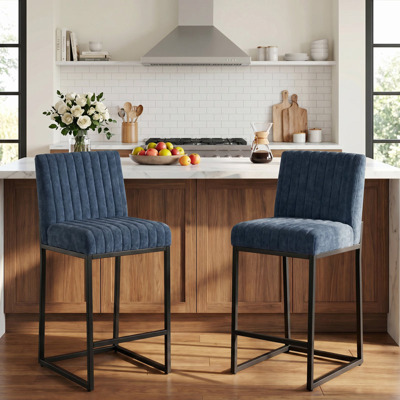 26" Counter Height Bar Stools, Chenille Upholstered, Industrial Metal Frame, Armless, Set of 2, Blue