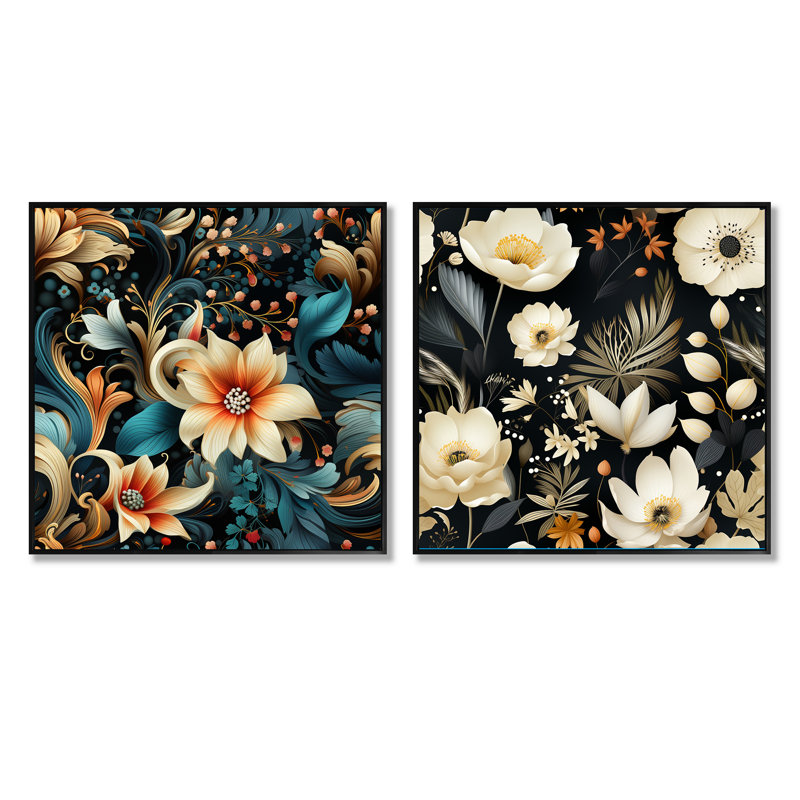 Witham - Ensemble de 2 collages floraux et botaniques carrés, Cadre flottant noir, H 30 po x l 61 po