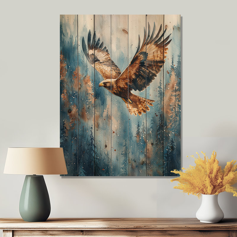 Brown Eagle In Flight III - Bird Wood Wall Art - On Natural Pine Wood, 20" H x 10" W x 0.78" D