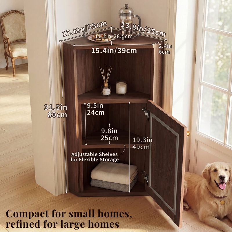 Meuble de salle de bain de coin de 80 cm avec portes en rotin et tablette réglable, meuble de rangement autoportant en bois avec dispositifs antibasculement, gain de place pour les salles de bain et les petits espaces