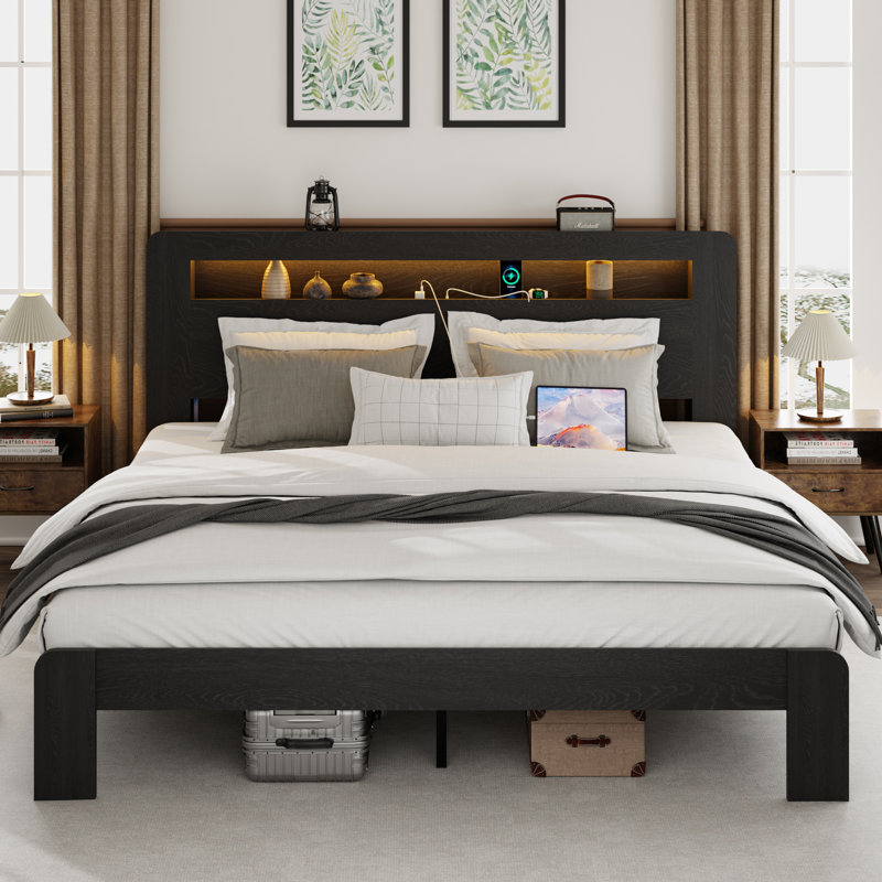 Farmhouse Wooden Bed Frame with Storage Headboard, Platform Bed with Charging Station & LED Light, Black, King