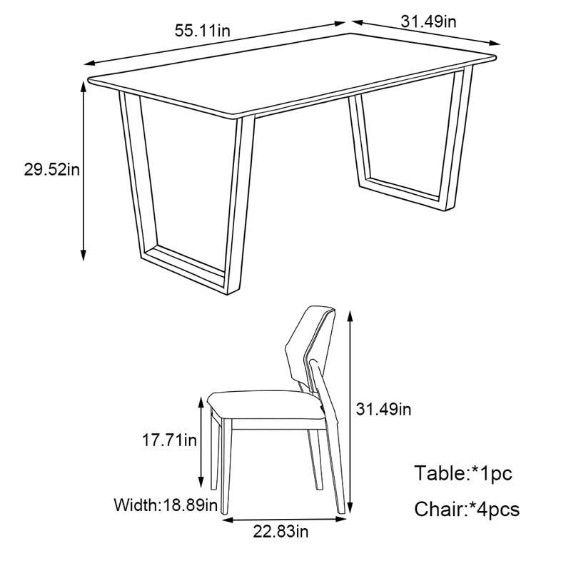Rectangular modern simple family dining table set, 29.52"H x 55.11"L x 31.49"W