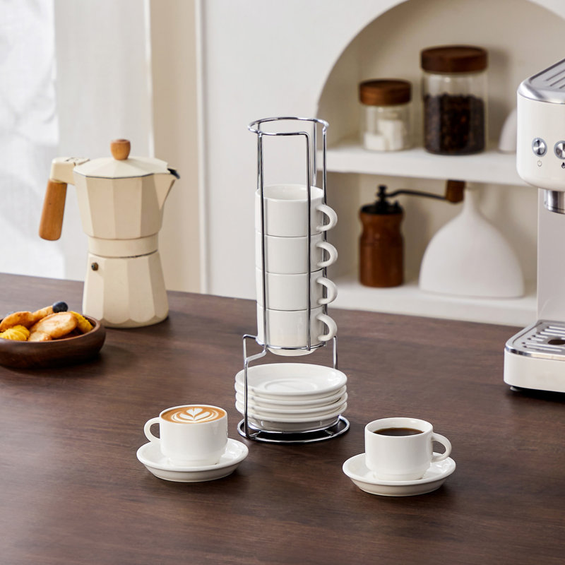 Ensemble de 6 tasses à espresso en céramique et soucoupe empilables en blanc avec support argenté 6 pièces | Ensemble de demitasse 3 oz, design empilable moderne