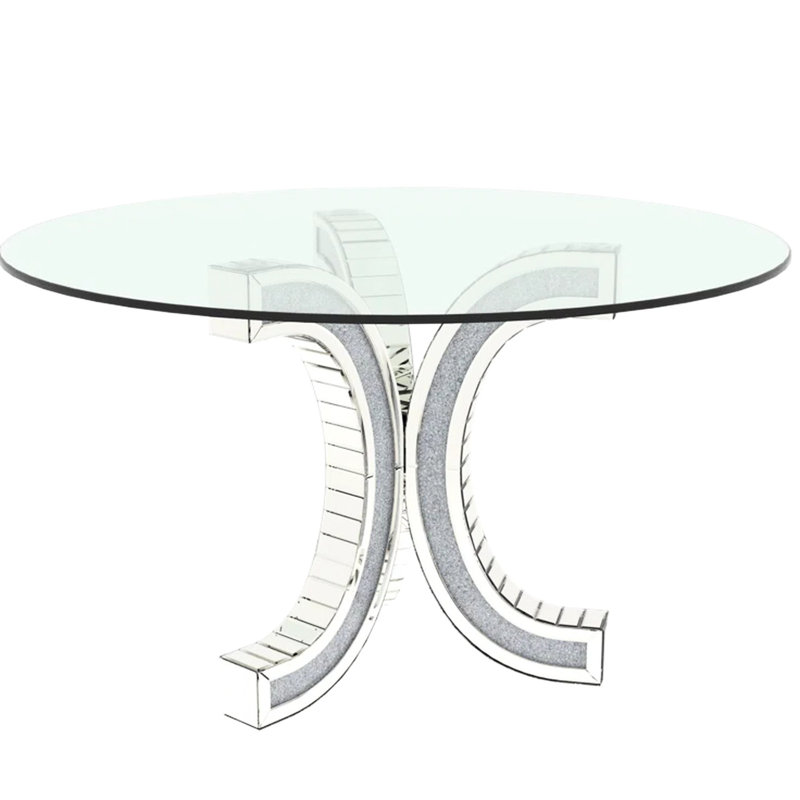 Table de salle à manger ronde de 52 po avec verre trempé. Et un design moderne. Installation facile. Convient à 4 à 6 personnes. Argent. + Table en verre. Regardez. Forme. Prises