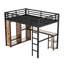 Grand lit mezzanine en métal noir, armoire avec rangement pour tablettes, espace de travail de bureau, espace de rangement, garde-corps sous le lit pour les vêtements, lecture, organisation des tablettes, économie d'espace