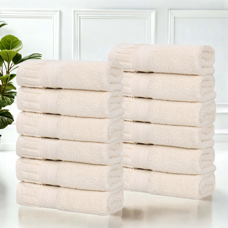 Venice Zero Twist Cotton Medium Weight Soft Absorbent Towel Set, Ivory, Washcloths - 12 Pack