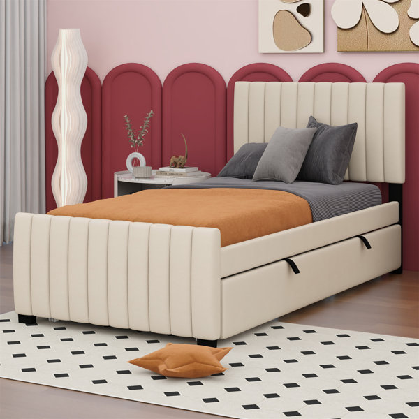 Ebern Designs Twin Size Velvet Upholstered Platform Bed With Twin Size ...